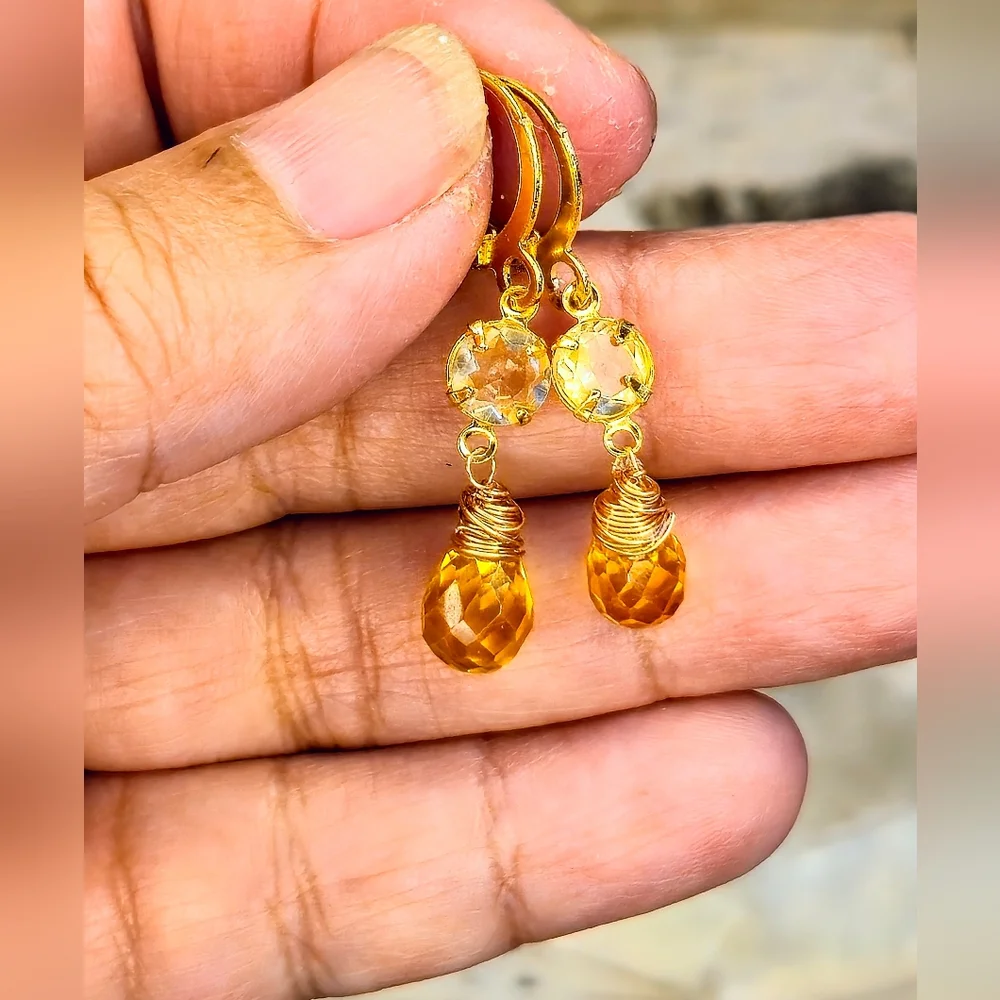 Genuine 1.48 Carats Small Citrine Dainty Gold Plated Earrings